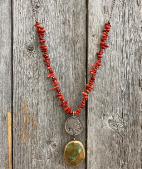 J. Forks Red Coral & Buffalo Nickel Necklace